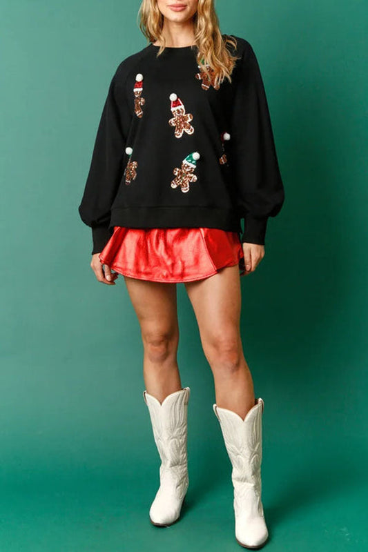 Christmas Gingerbread Man Sequin Long-Sleeve Sweatshirt