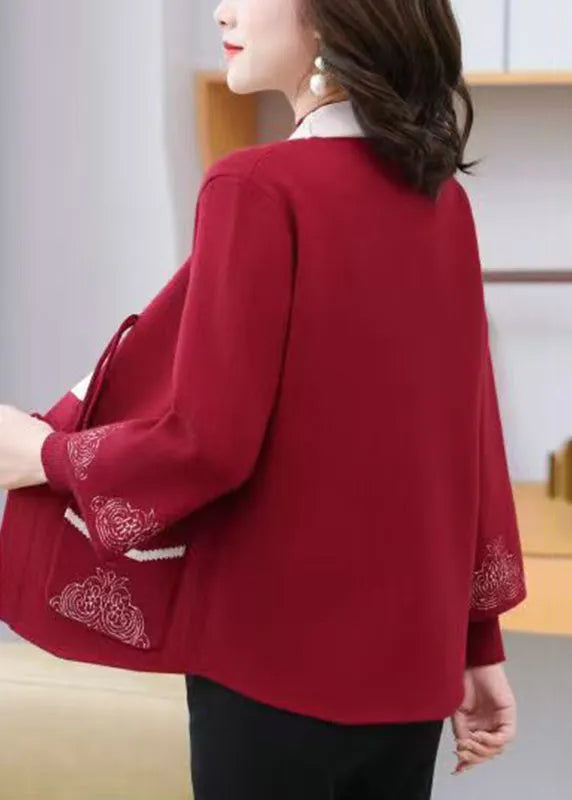 Red Patchwork Pockets Cotton Knit Coats and Sweaters Two Piece Set Three Quarter Sleeve