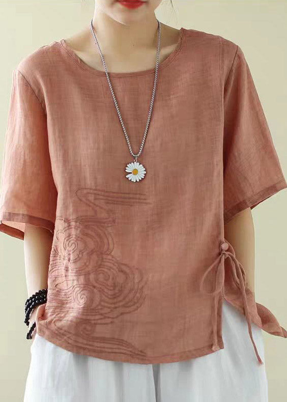 Classy Orange O-neck Embroideried Drawstring Low High Design Cotton Tops Short Sleeve