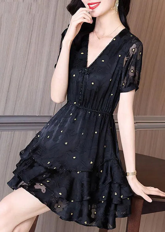 Black V Neck Cinched Patchwork Tulle Mid Dress Summer