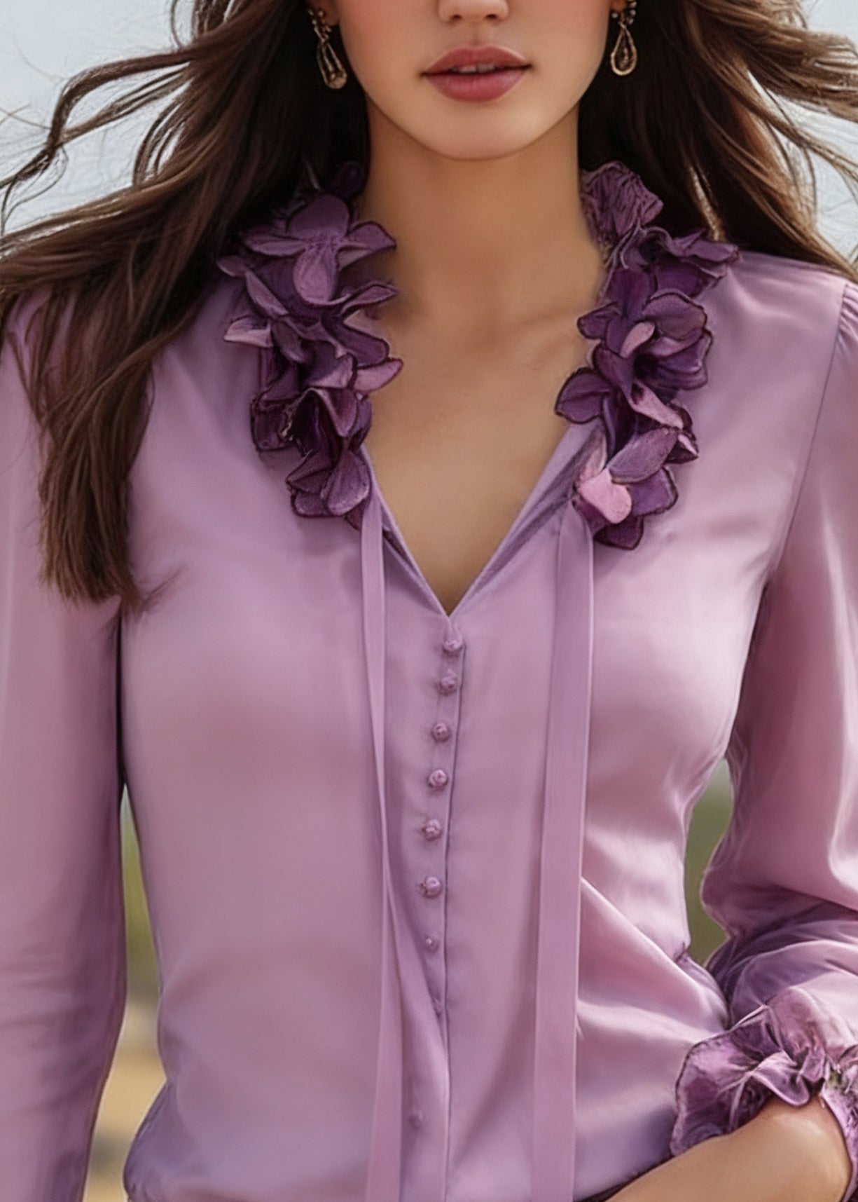 Purple V Neck Tie Lace Silk Top Spring