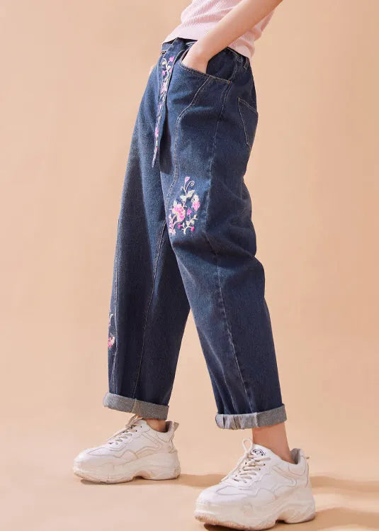 Denim Blue Embroideried Button Pockets Zippered Wide Leg Pants Summer