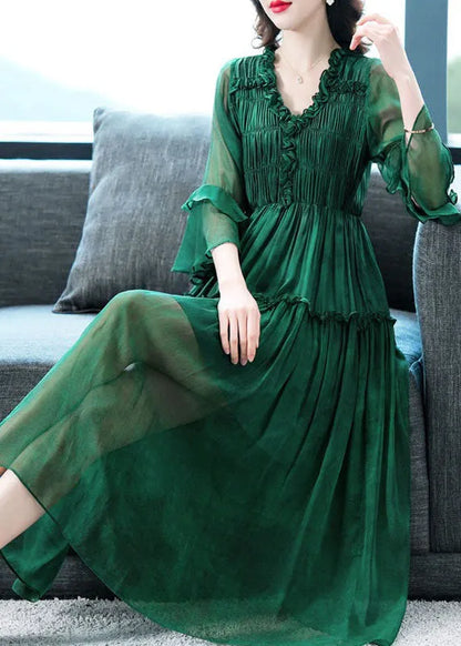 Modern Green V Neck Ruffled Patchwork Silk Dress Summer