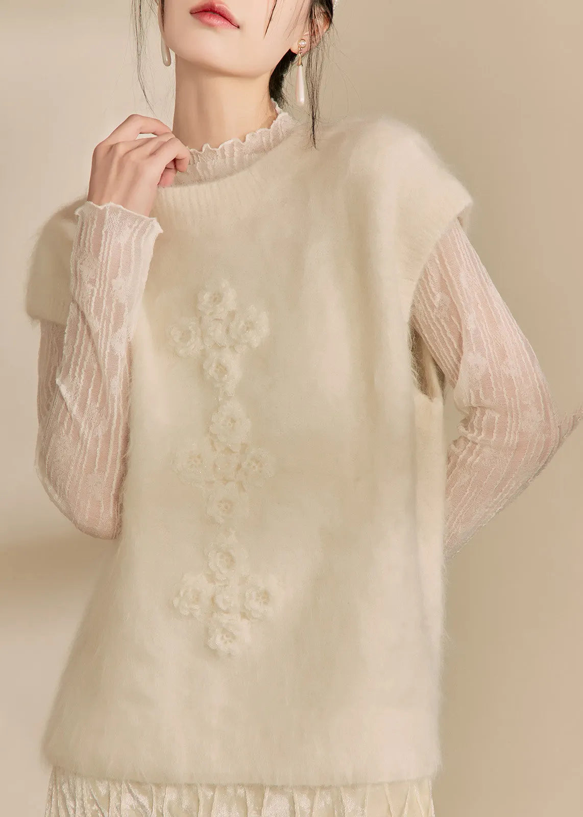 Simple Beige O-neck Cozy Cotton Knit Waistcoat Winter