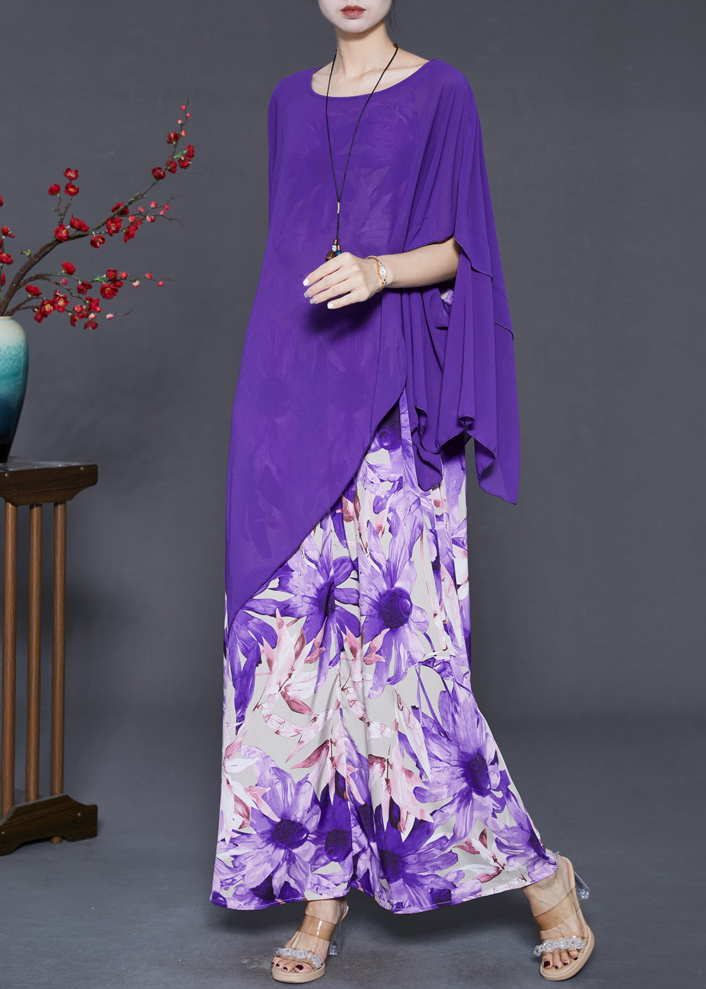 Purple Asymmetrical Print Chiffon Sets 2 Pieces Summer