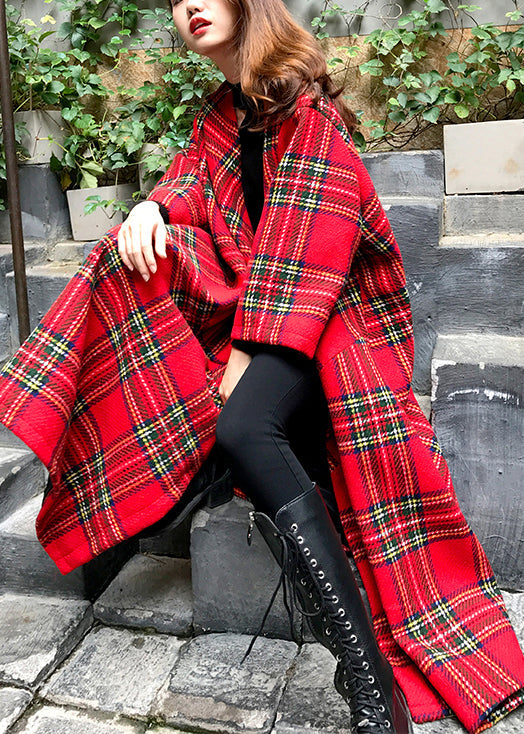 Red Plaid Patchwork Woolen Coat Spring