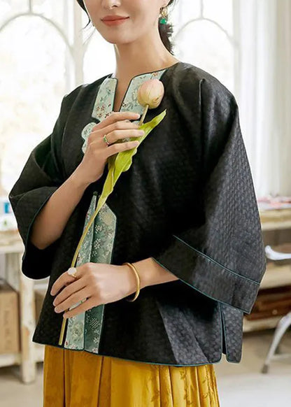 Oriental Black O-neck Embroideried Patchwork Silk Coats Spring