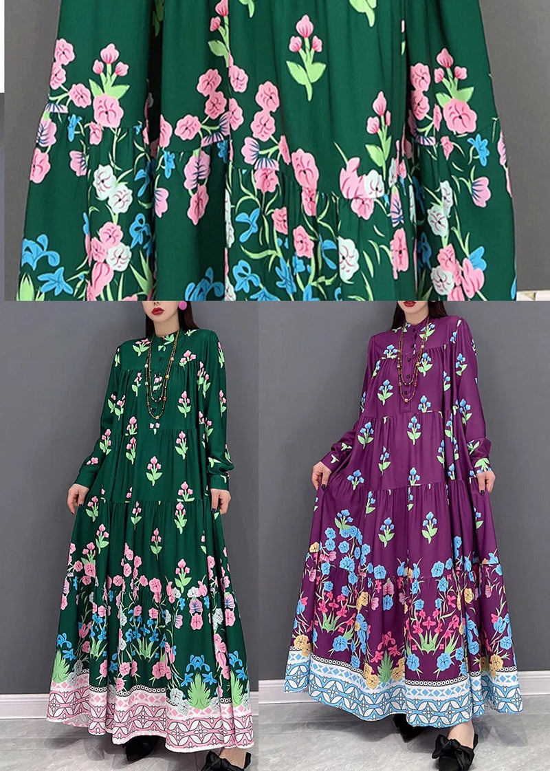Green Print Long Beach Dresses Wrinkled Long Sleeve