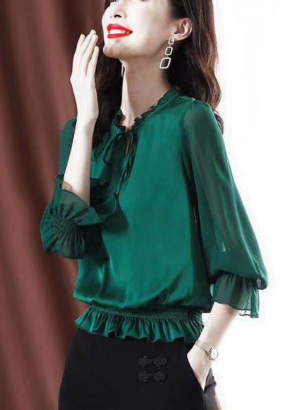 Green Ruffled Lace Up Chiffon Shirt Spring