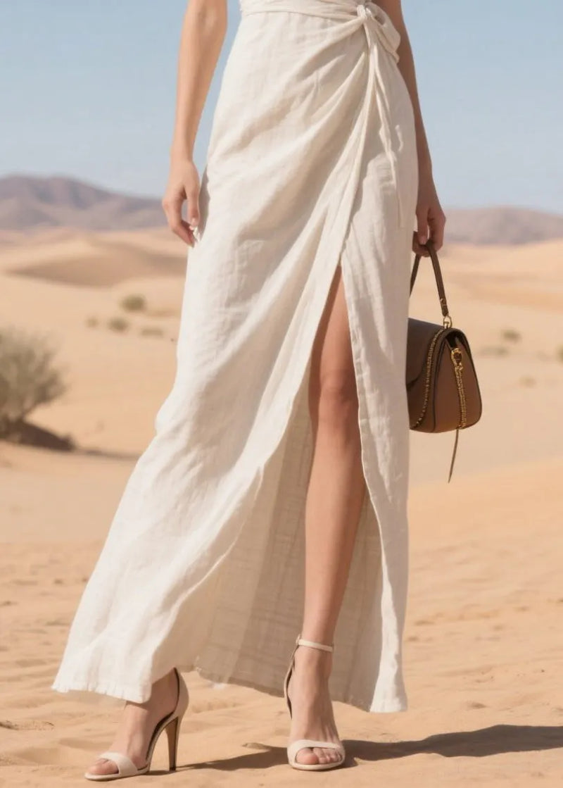 Style White Tie Waist Side Open Cotton Cami Dress Summer