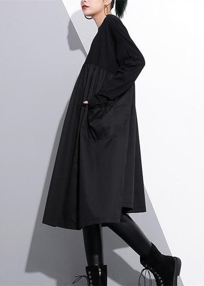 Stylish Black Cotton Shift Dress Cotton Clothing Dress High Waist Patchwork Cotton Dress