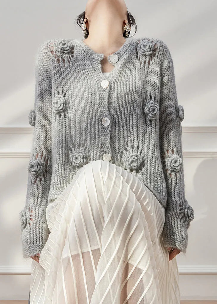 Grey Hollow Out Button Knit Coats Fall