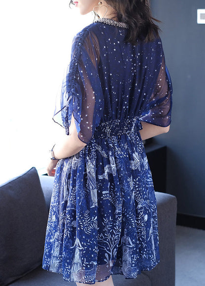 Blue V Neck Print Nail Bead Chiffon Dresses Batwing Sleeve