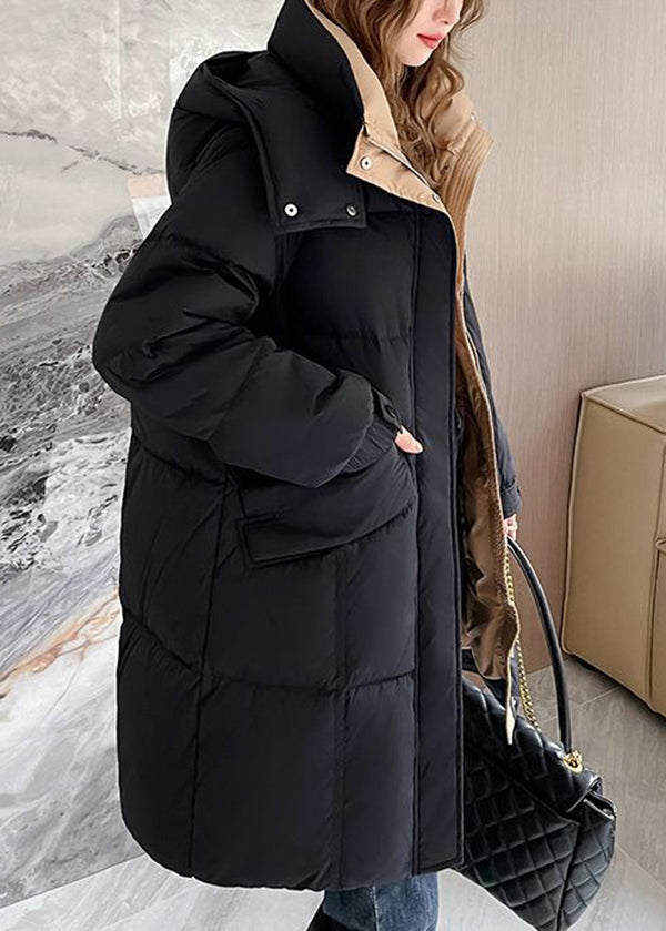 Black Zippered Hooded Pockets Duck Down Coat Winter