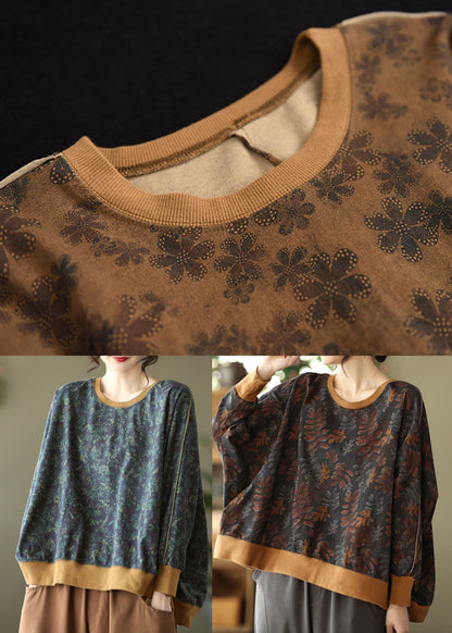 Chocolate Patchwork Cotton Sweatshirt Top Batwing Sleeve