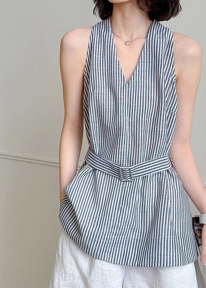 Striped V Neck Sashes Shirt Summer