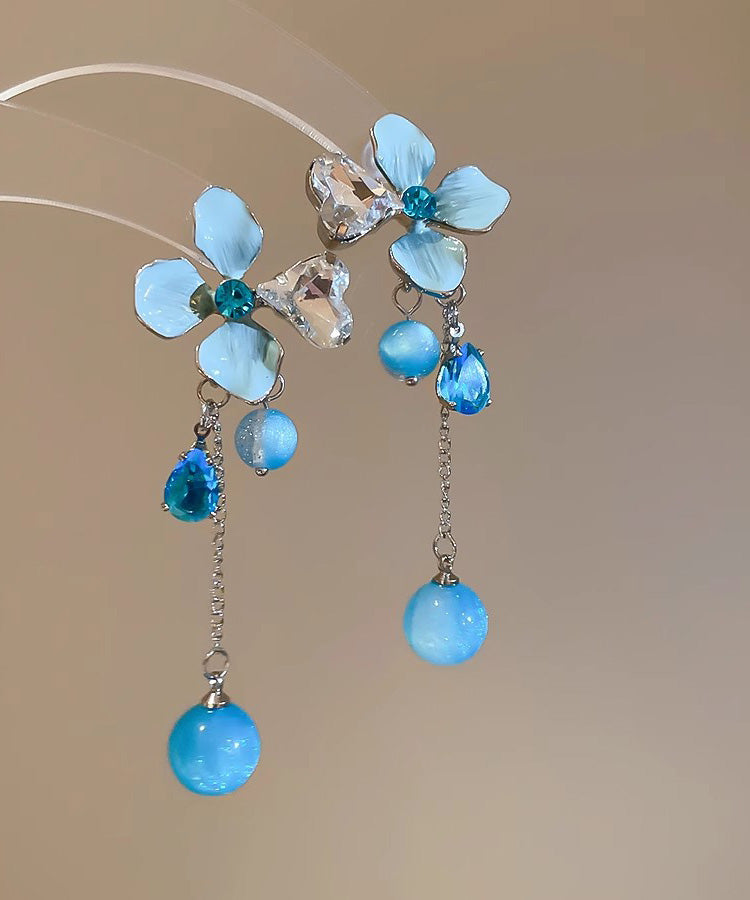 Blue Srerling Silver Alloy Zircon Resin Tassel Drop Earrings