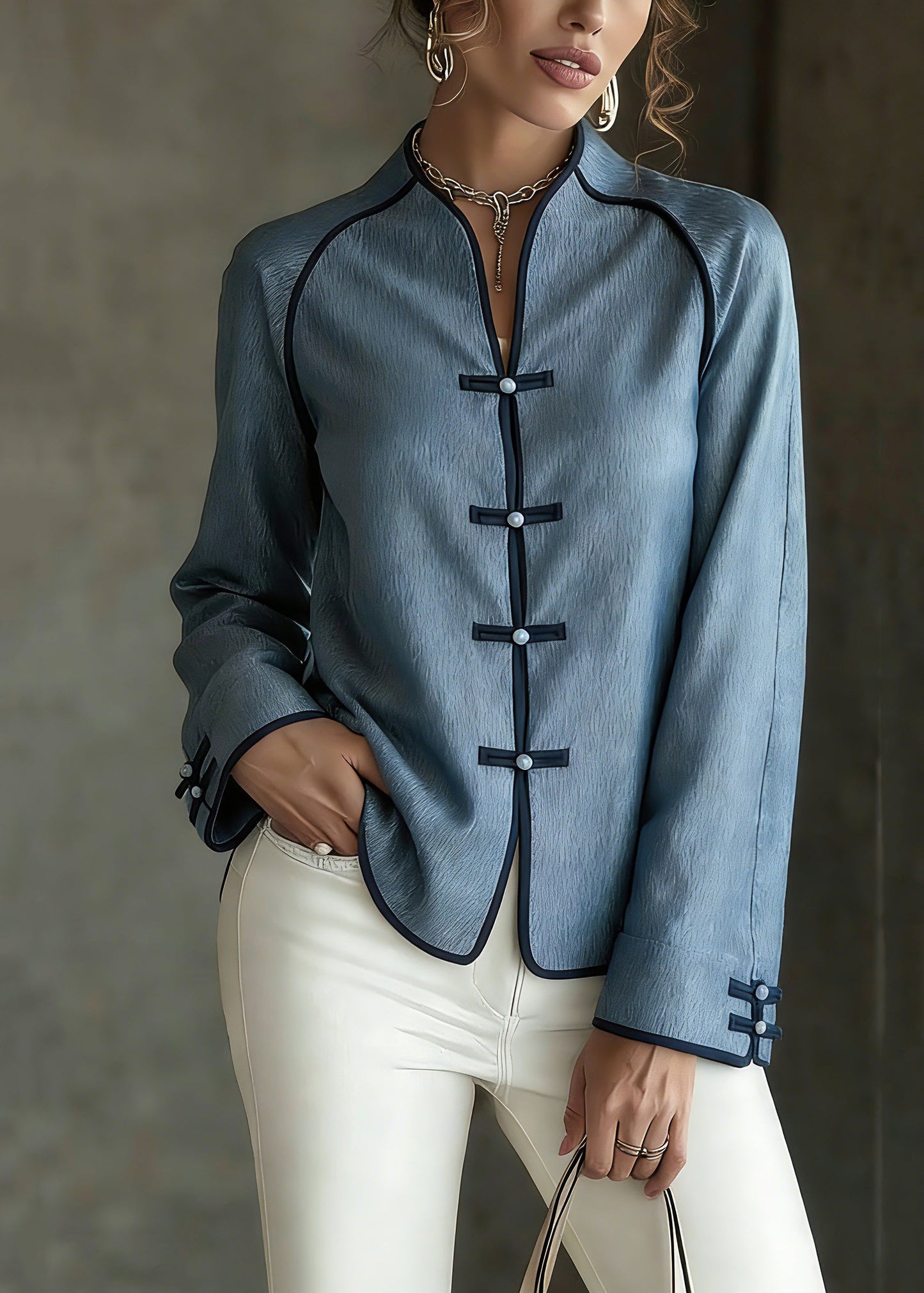 French Blue V Neck Button Shirts Spring