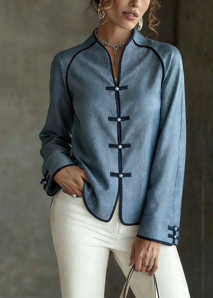 French Blue V Neck Button Shirts Spring