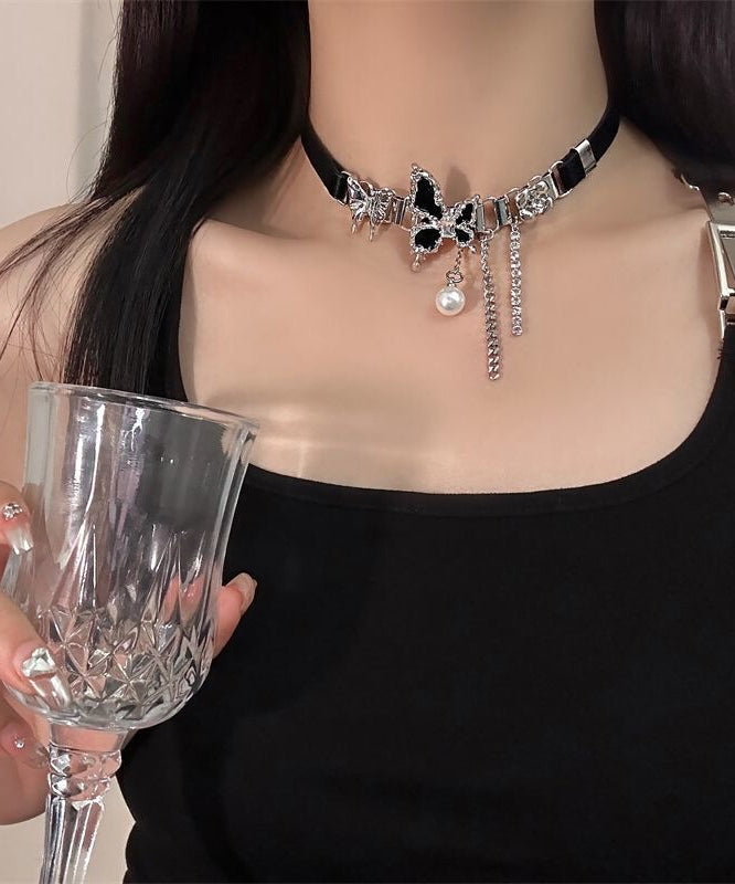 Black Alloy Chain Patchwork Leather Choker