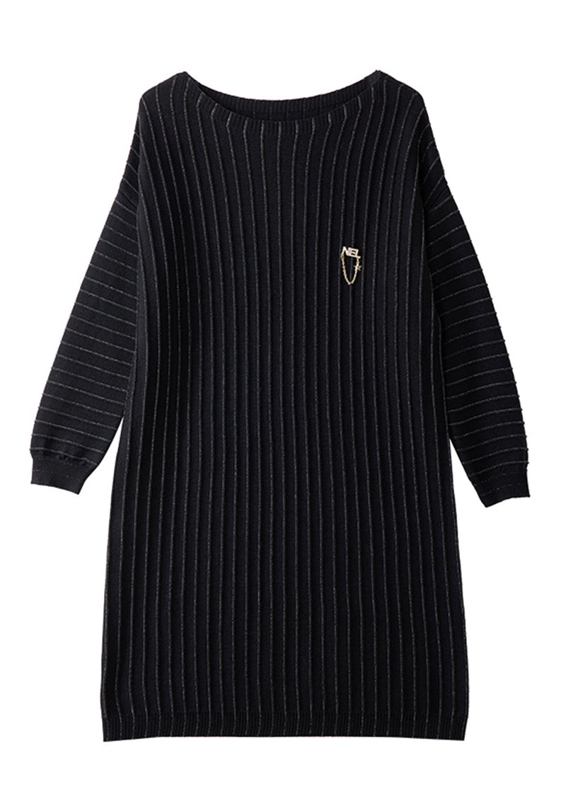 Handmade Black Striped Knit Pullover Dress Spring