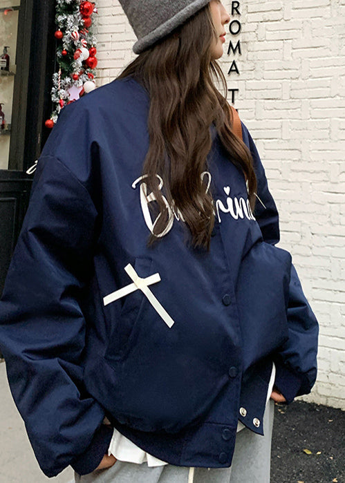 Navy Oversized Bow Letter Print Fine Cotton Filled Jackets Winter