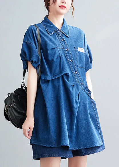 Denim Blue Peter Pan Collar Cotton Shirts and Shorts Two Pieces Set Summer