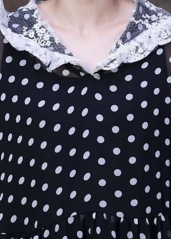 Simple Black Hooded Patchwork Lace Dot Print Silk Long Dress Two Piece Set Clothing Summer