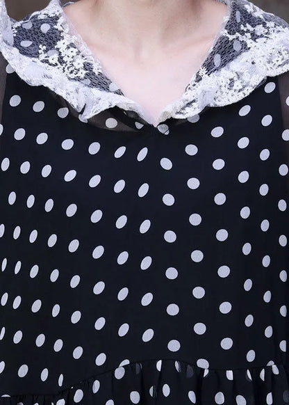 Simple Black Hooded Patchwork Lace Dot Print Silk Long Dress Two Piece Set Clothing Summer