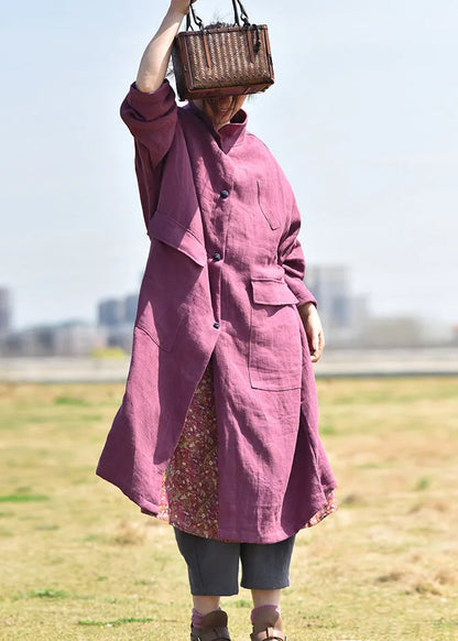 Black Stand Collar Pockets Linen Coat Fall