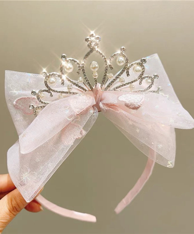 Fine Pink Tulle Patchwork Bow Pearl Zircon Hairpin