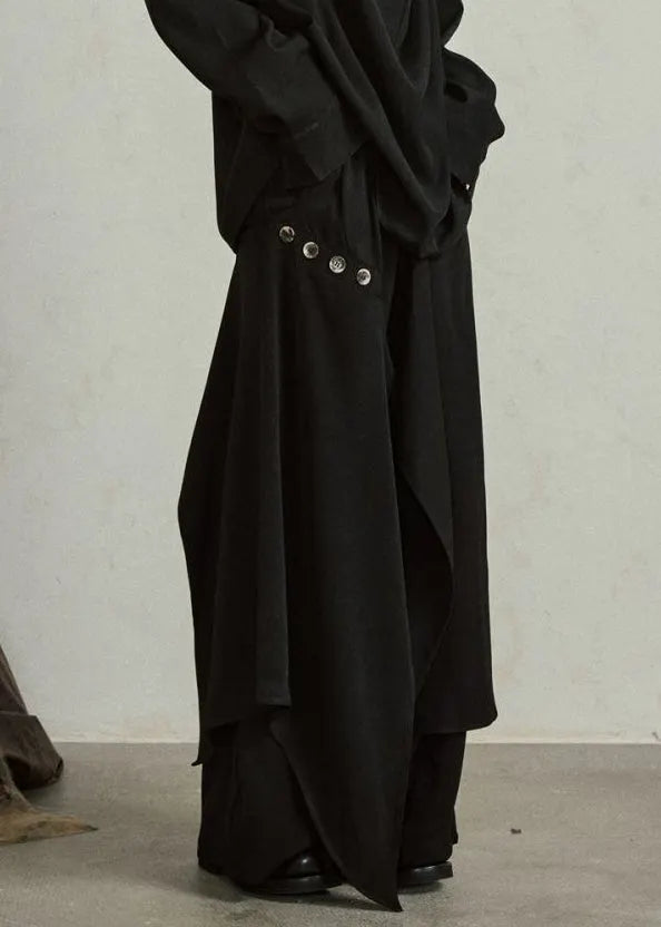 Novelty Black Asymmetrical Patchwork Button Wide Leg Pants Skirt