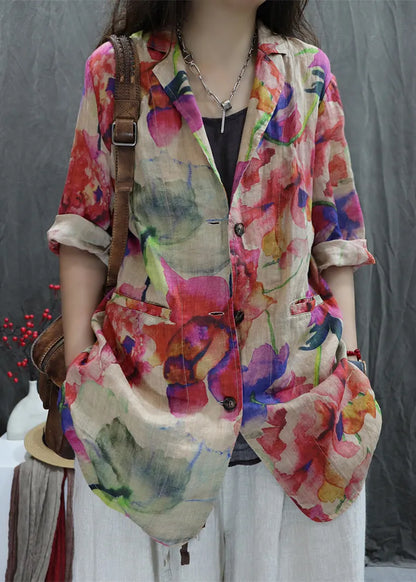 New Apricot Print Back Open Pockets Cotton Coats Bracelet Sleeve