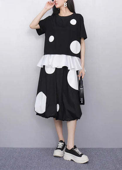 Black O-neck Dot Top and Skirts Two Pieces Set Short Sleeve
