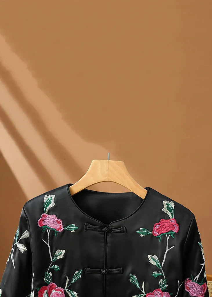 Original Design Black Print Button Silk Coats Fall