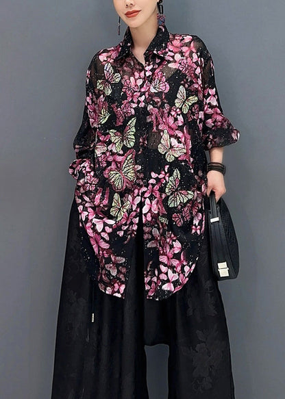 Black Base Butterfly Chiffon Shirt Tops Fall