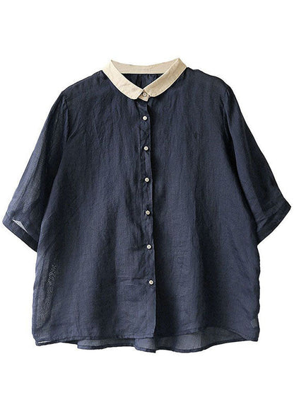 Navy Peter Pan Collar Button Loose Fall Half Sleeve Shirt Tops