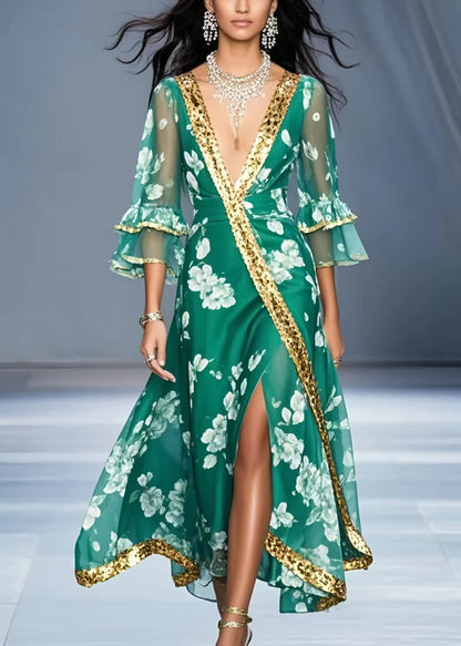 Green V Neck Print Chiffon Holiday Dress Flare Sleeve