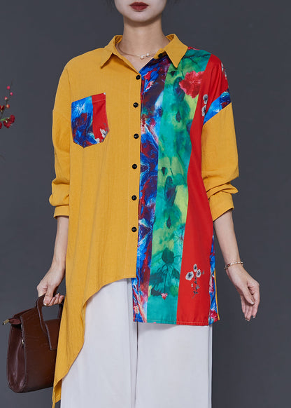 Yellow Asymmetrical Tie Dye Linen Shirt Top Spring