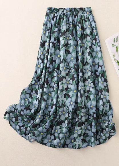 Blue Print Elastic Waist Cotton Skirts Summer