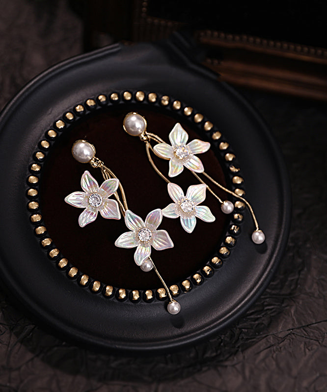 Gold Acrylic Alloy Zircon Pearl Tassel Drop Earrings