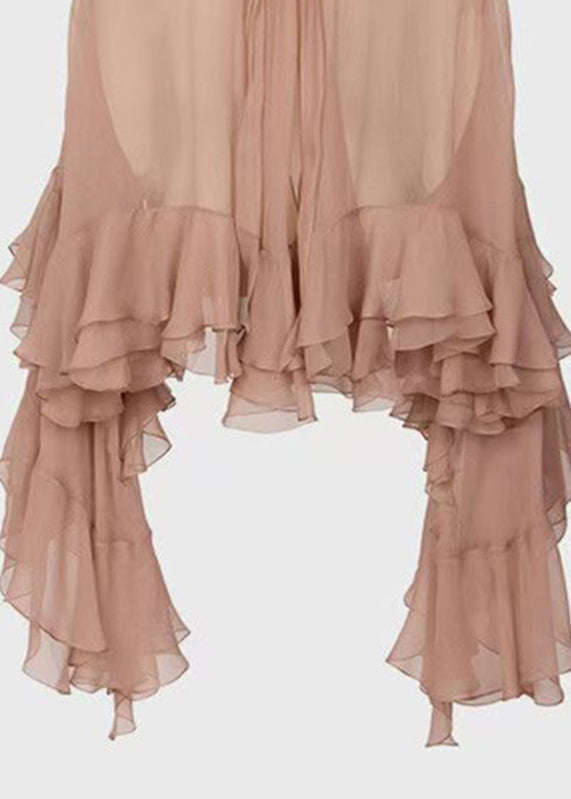 Stand Collar Ruffled Patchwork Chiffon Shirt Long Sleeve