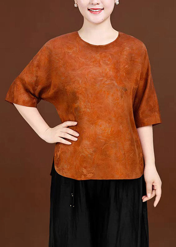 Jacquard Orange O-neck Low High Design Silk T Shirts Summer