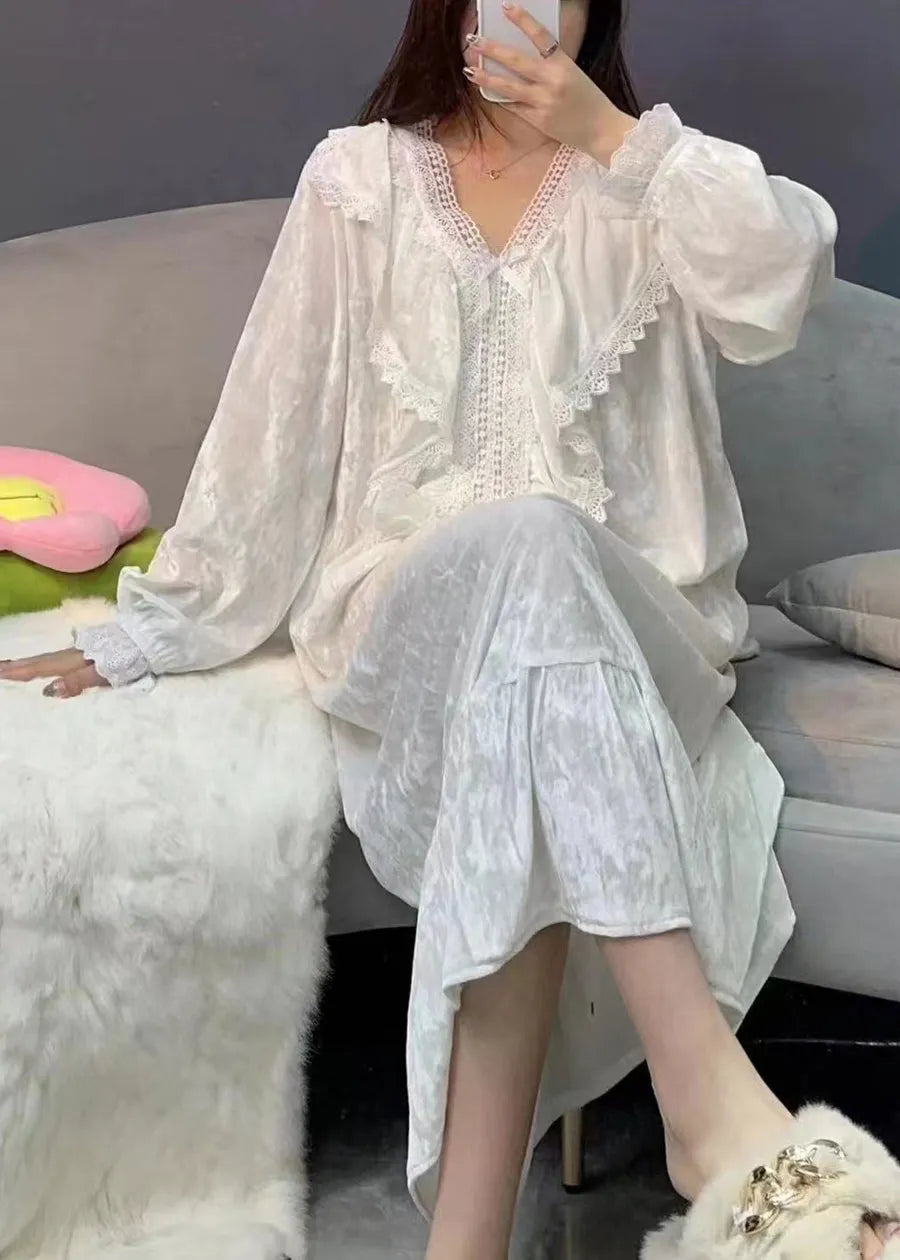 Diy White V Neck Lace Patchwork Silk Velour Maxi Dresses Spring