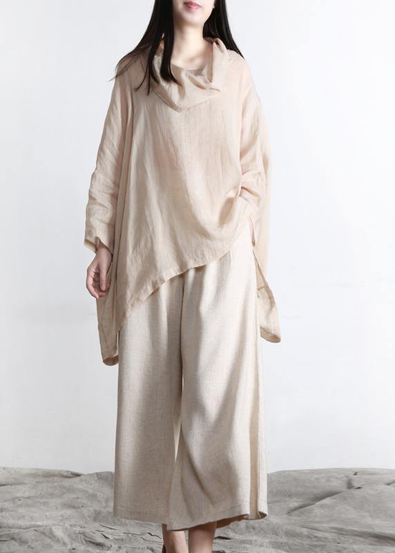 Nude Turtle Neck Batwing Sleeve Two Piece Set Clothing Summer Linen