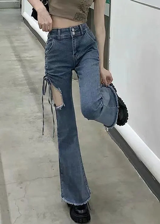 Modern Blue Hole Cinched High Waist Denim Pants Spring