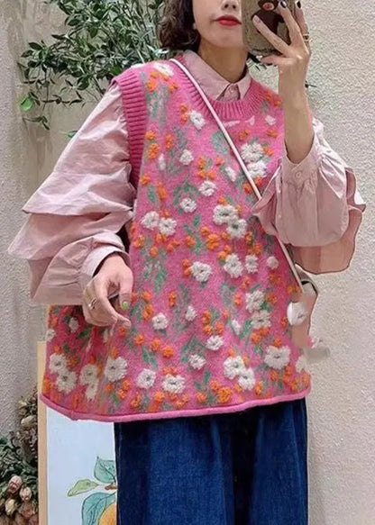 Pink O-neck Embroideried Knit Waistcoat Sleeveless