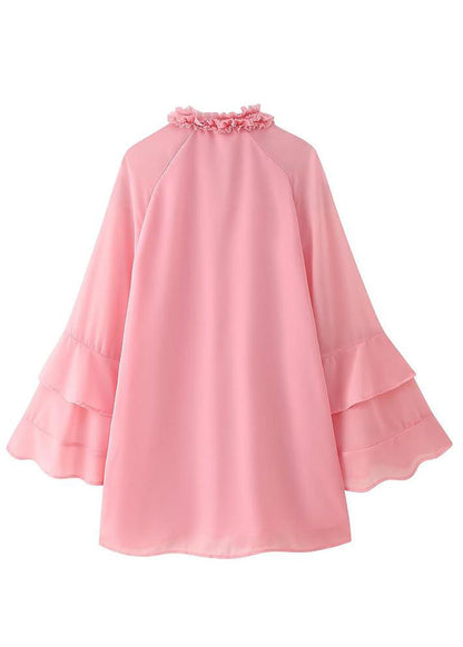 Pink Ruffled Lace Up Chiffon Mid Dress Flare Sleeve