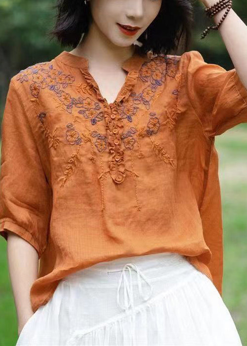 Unique Blue V Neck Embroideried Patchwork Linen T Shirts Half Sleeve