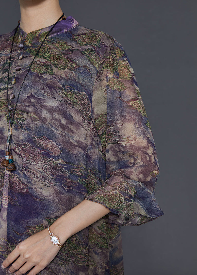 Purple Print Silk Fake Two Piece Dresses Bracelet Sleeve